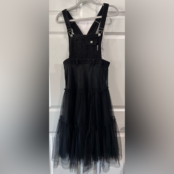 Source Unknown Dresses & Skirts - Women's Denim & Tulle Black Tiered Midi Dress Sz S Grunge Punk Gothic Overalls